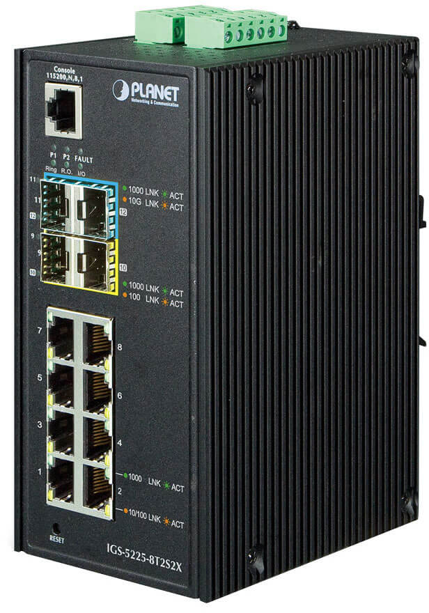 IGS-5225-8T2S2X Planet ip30 industrial l2+/l4 8-port 1000t + 2-port 100/1000x sfp + 2-port 10g sfp+ full managed switch (-40 to 75 c, dual redundant power input on 12~48vdc terminal block, dido) PLANET Technology Corporation Santreyd 