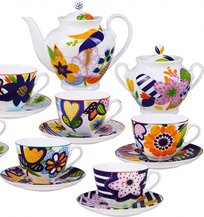 10618943 Императорский фарфоровый завод Сервиз чайный 6/14 "Летний букет " "Весенняя - 2" Фарфор костяной 