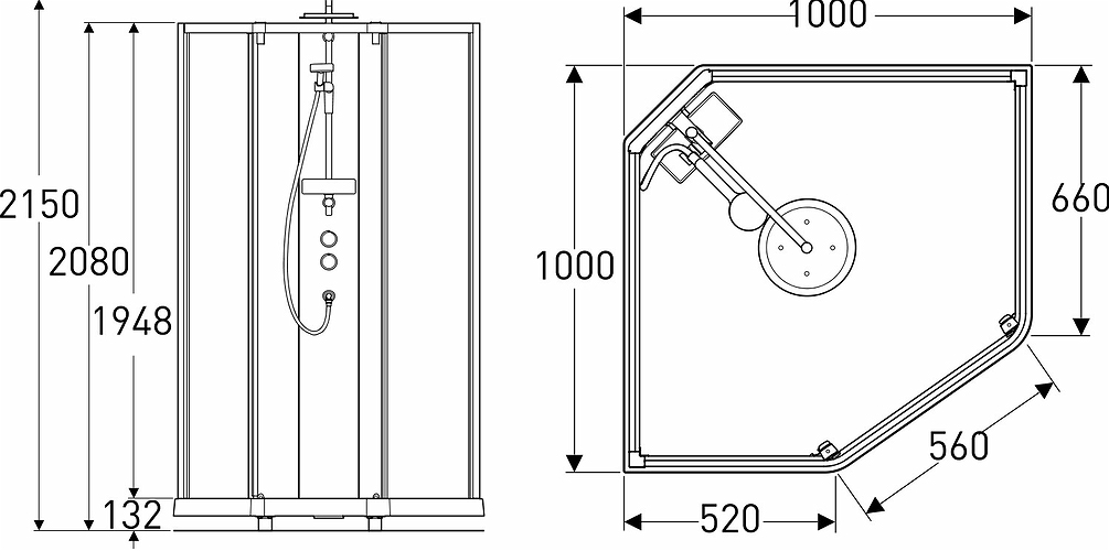558.916.00.1 IDO Showerama 10-5 1000x1000 Пятиугольный комфорт, Душевая кабина IDO Showerama в сборе Пятиугольный комфорт, матовый алюминиевый профиль / прозрачное стекло / матовое стекло сзади, 1000X1000 мм  - Вид №1