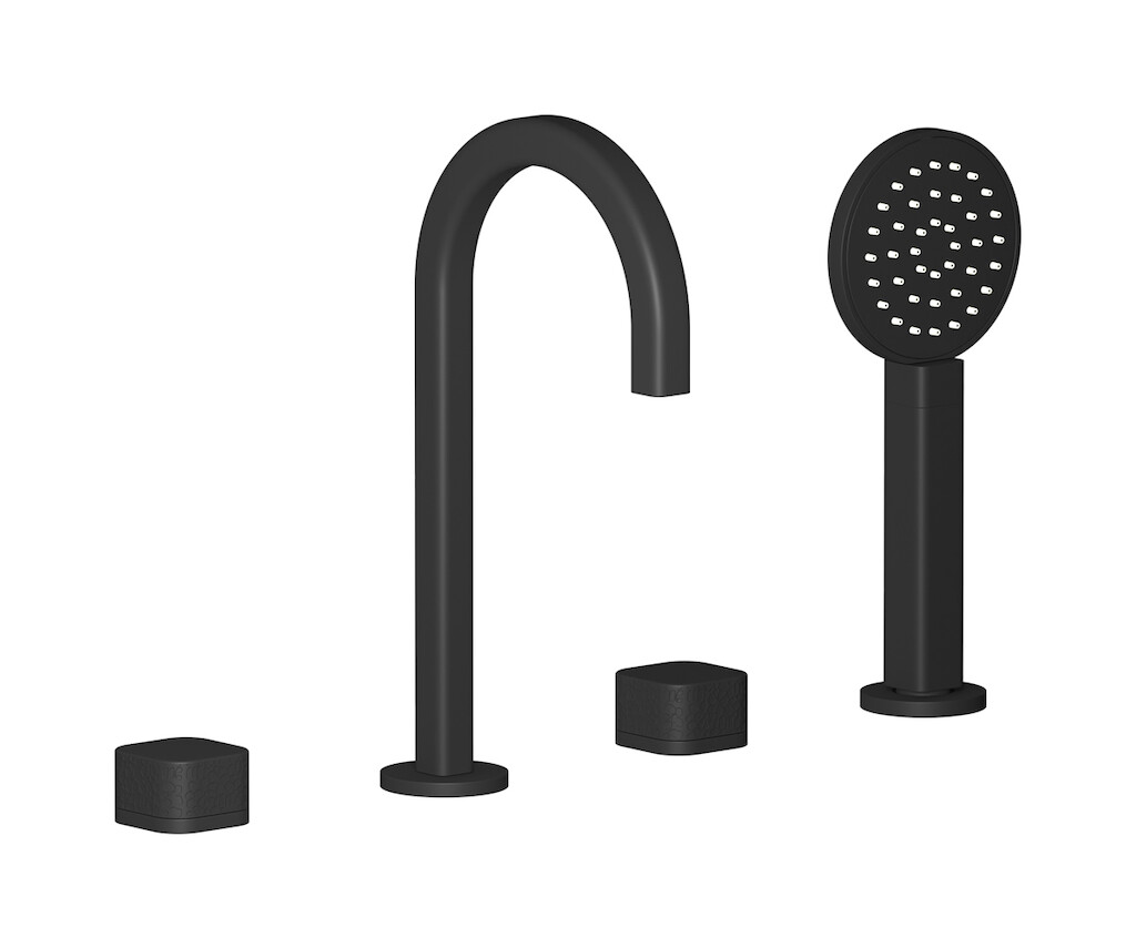 Смеситель на бортик ванной на 4 отверстий с дивертером и душевым гарнитуром. WE ARE IB eo396np_2 Matt Black Elio