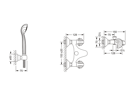Смеситель для ванны с душевым гарнитуром ½“, настенный монтаж JOERGER Muschel 601.20.100.000 - Вид №1
