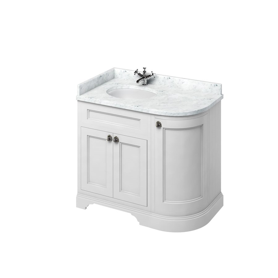 Burlington Отдельностоящий изогнутый угловой блок 100 л / с со столешницей Carrara White и встроенной белой раковиной Песок FC2S_BC98L 