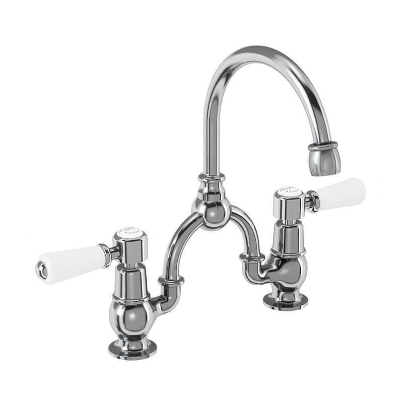 Burlington Смеситель Kensington с двумя отверстиями в форме арки с изогнутым носиком (центры 200 мм) Четверть оборота с белым акцентом KE27-QT 