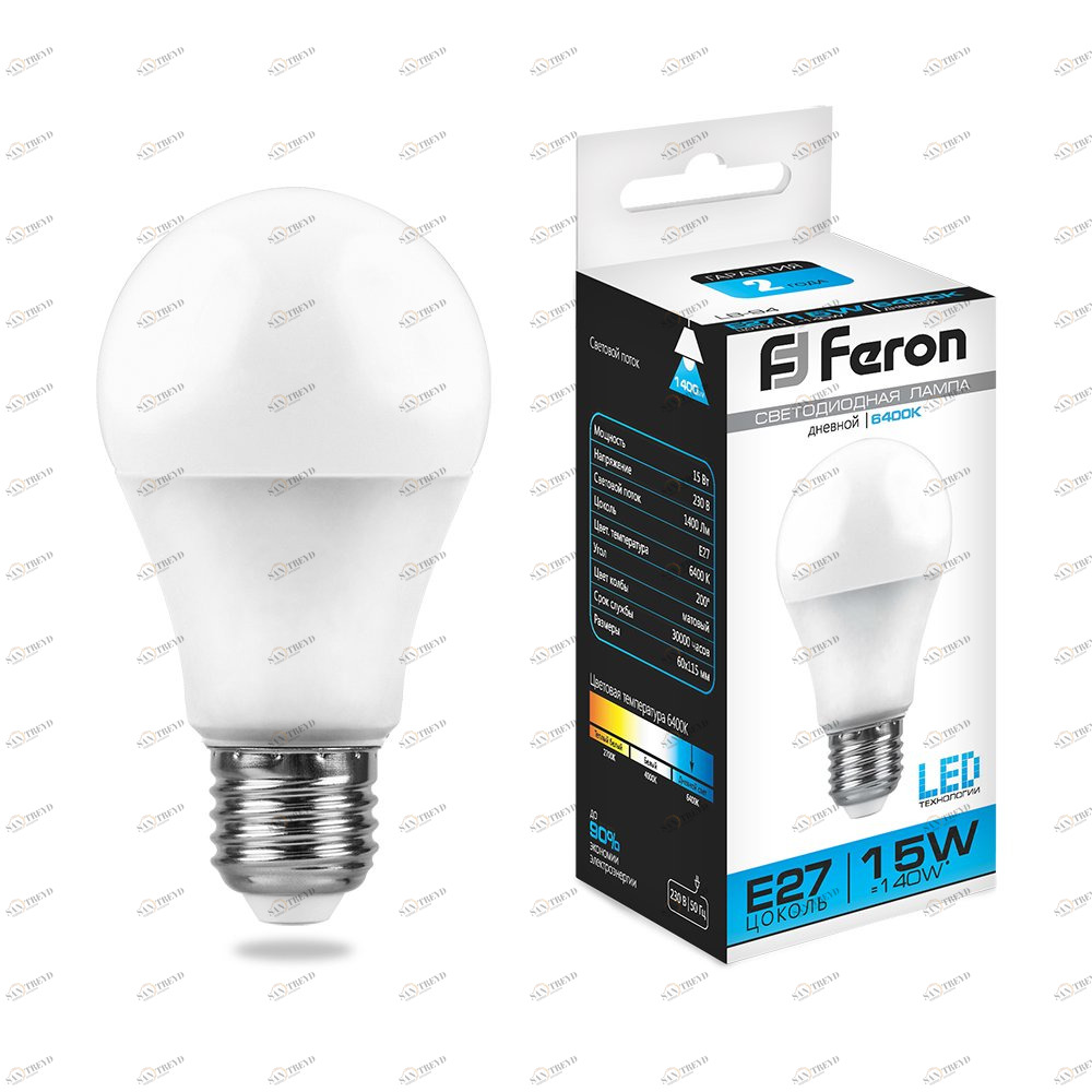 Лампа светодиодная Feron "Шар" E27 15W 6400K LB-94 25630 FERON  00-3956483 Матовый 