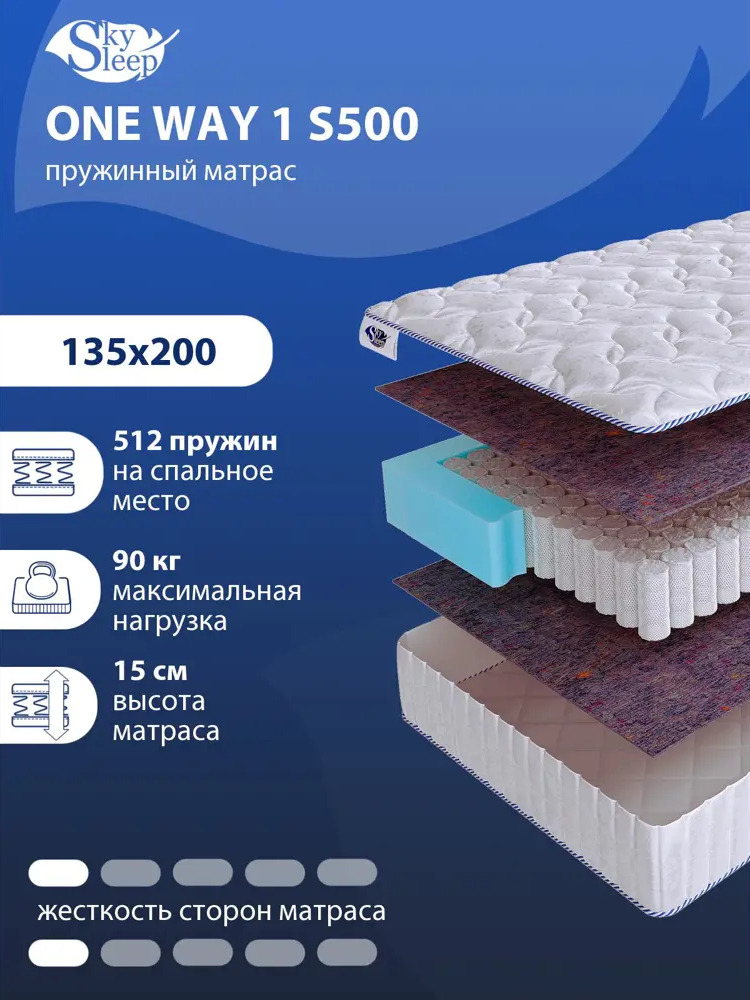 90984209 Матрас SkySleep ONE WAY 1 S500 135x200 см независимый пружинный блок, полутораспальный, ортопедический STLM-1067927