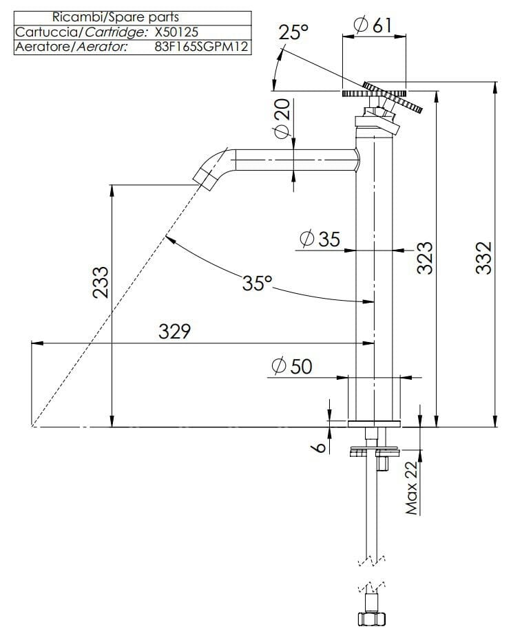 Высокий смеситель для раковины без слива Remer Rubinetterie Chrono ARCH-00096660 - Вид №2