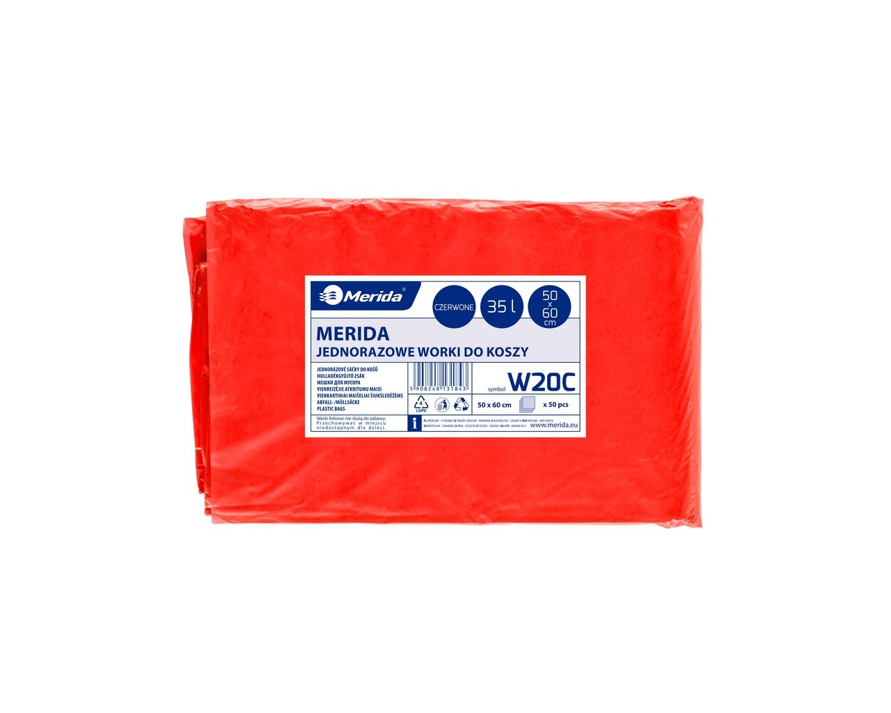 W20C Одноразовые мешки для мусора, 50 x 60 см, вместимость 35 л, 50 шт. в упаковке, КРАСНЫЕ, LDPE Merida 