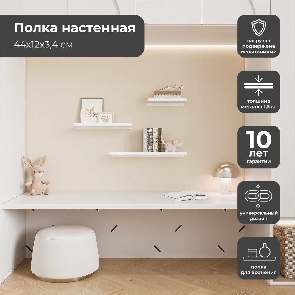 Настенная полка 44x12 см металл цвет белый KONSENSA STLM-2023321 - Вид №9