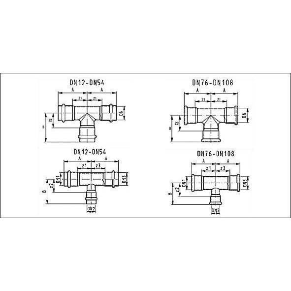 619130423542 SANHA 19130 пресс.-фит. без силикона тройник ВПр, нерж.сталь 42x35x42 мм  - Вид №1