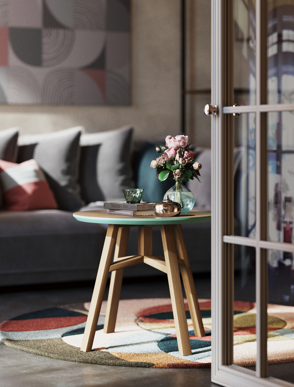 Приставной столик круглый дуб тобакко, серый шелк 55 см Mack THE IDEA  210076 Коричневый  - Вид №2