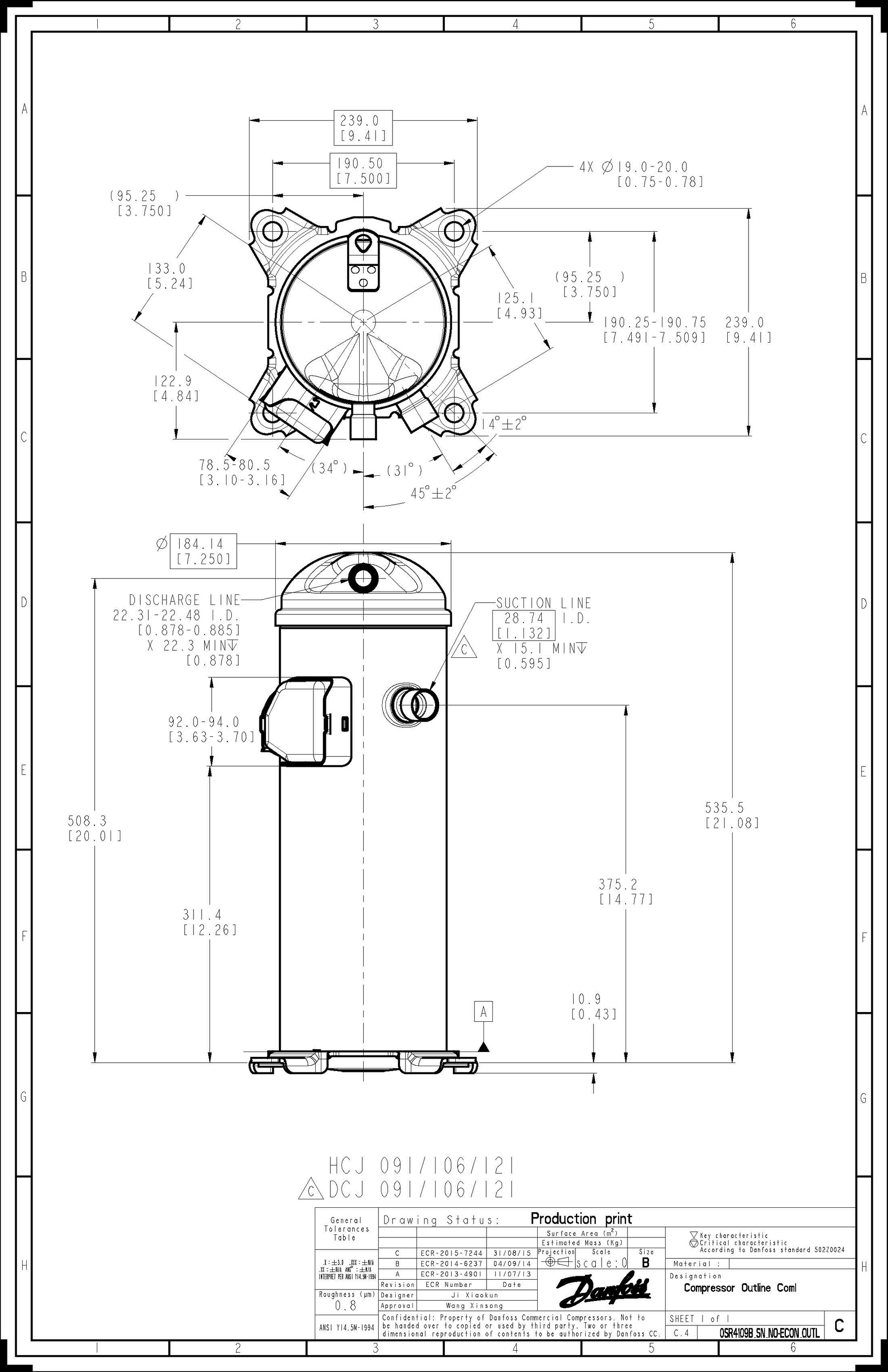 Danfoss DCJ — Герметичные спиральные компрессоры, R401A DCJ106T4LC8 Компрессор спиральный 121L5036  - Вид №1