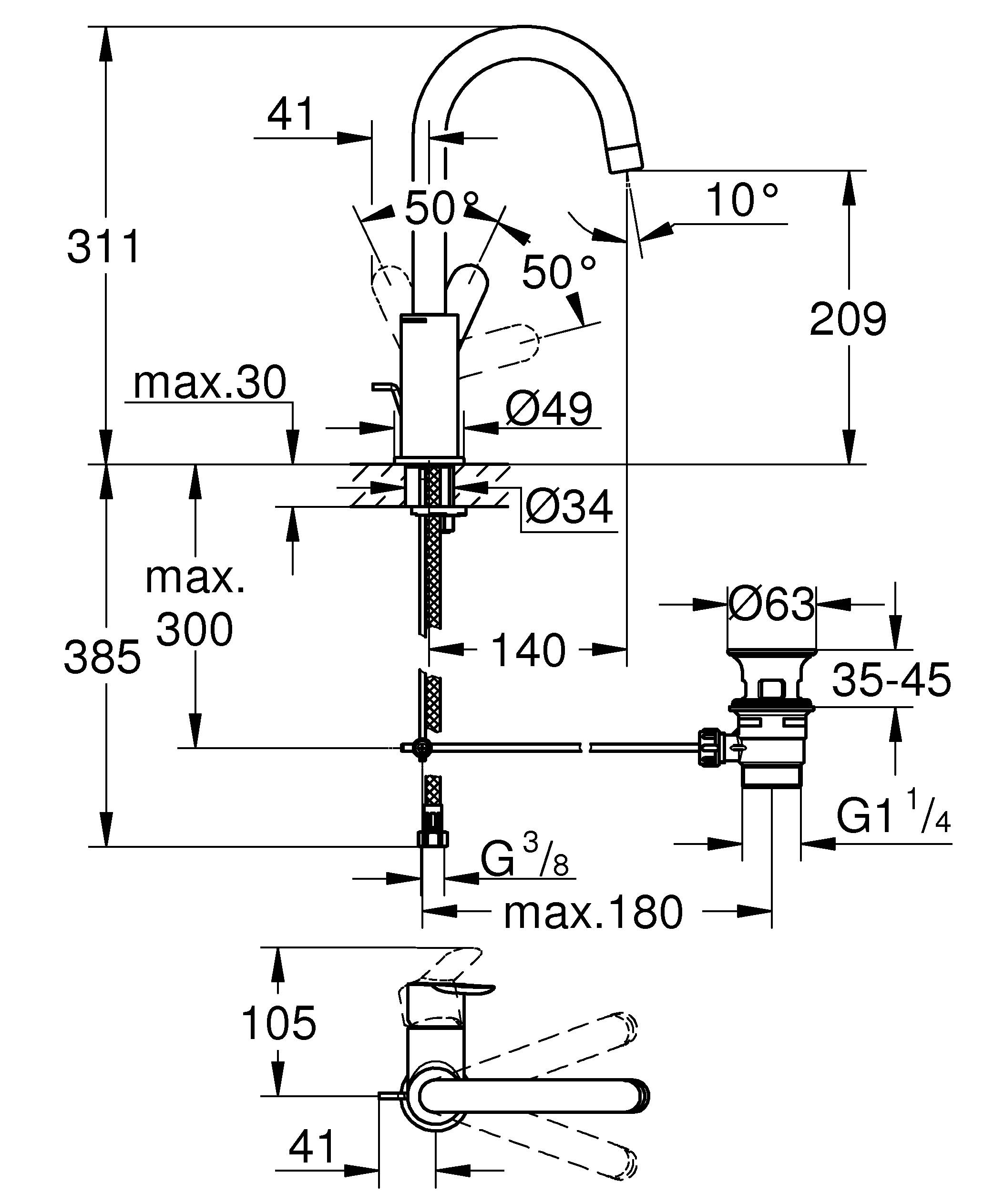Смеситель для раковины GROHE BauEdge с донным клапаном, L-Size, хром (23760000) - Вид №1