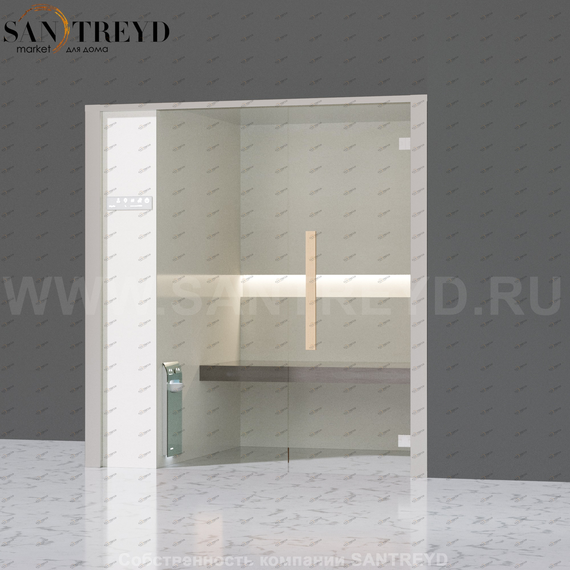 Effegibi ONEFILO H LO61020008 Хаммам. Установка: в правый угол. Левая дверь. Мощность: 4,5 кВт макс. Размеры: длина 214 см, ширина 171 см. Отделка: матовый лакированный белый аллюминий и серый ламинат из керамогранита.