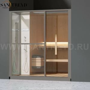 Effegibi LOGICA S LO20010010 Сауна. Установка: в нишу. Левая дверь. Мощность: 6 кВт макс. Размеры: длина 214 см, ширина 250 см. Отделка: канадский хемлок, матовый лакированный серый аллюминий и бежевый ламинат из керамогранита.