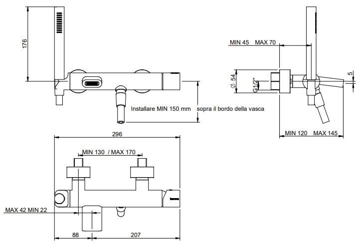 Латунный настенный смеситель для ванны с 2 отверстиями Rubinetterie Treemme NANOtech ARCH-00050526 - Вид №2