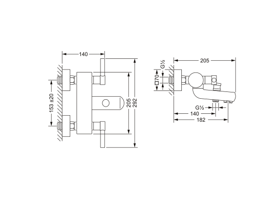 Смеситель для ванны/ душа ½“, без душевого гарнитура, настенный монтаж JOERGER Charleston Square 634.20.110.000 - Вид №1