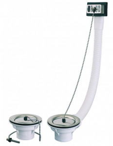 865400 000 00  Сифон для раковины, 2 чаши с цепным ограничителем и переливом, Д. 60 мм, зажим 0/20 мм, NF, хромированный Valentin Сталь