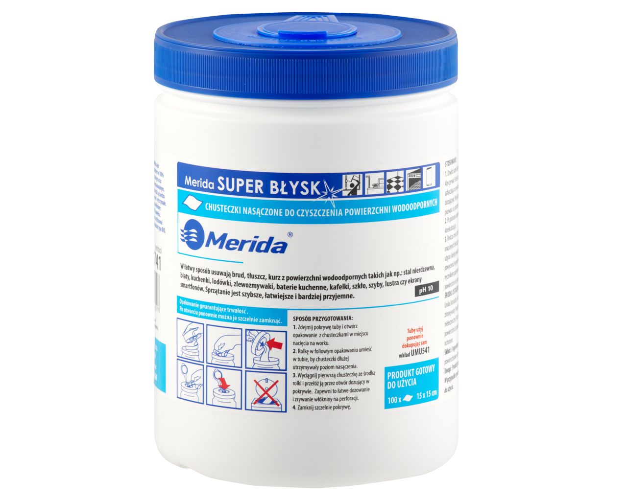 UMU741 Влажные салфетки для очистки водостойких поверхностей SUPER SHINE, туба, рулон 15 м, 100 листов Merida 
