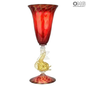 1935 ORIGINALMURANOGLASS Венецианский красный бокал c золотой рыбкой - муранское стекло 9 см