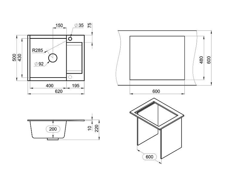 ES-6202, БАЗАЛЬТ, кухонная мойка, кварц, ESTETICA GRANULA 6202-ST216 - Вид №4