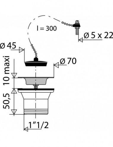 705100 000 00  Слив для раковины Д. 50 мм, цепной стопор, чаша Д. 70 мм, зажим 0/10 мм, черный Valentin Чернить  - Вид №2