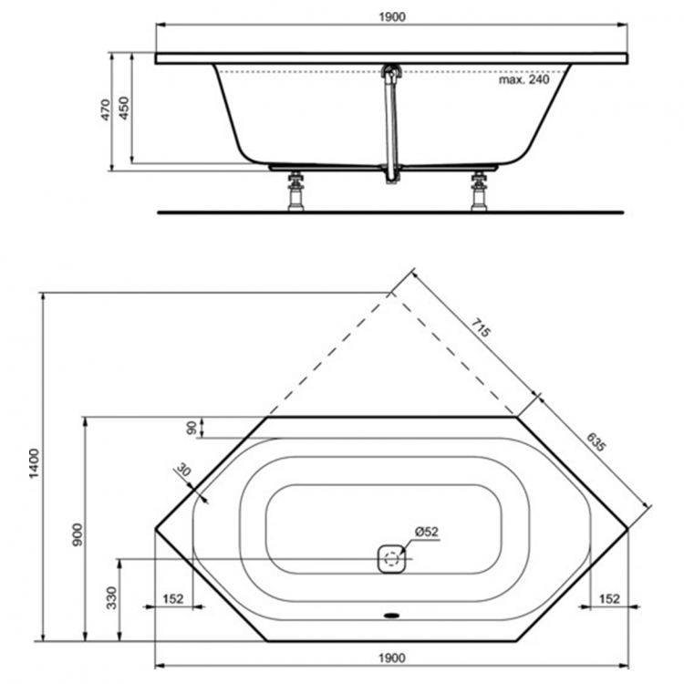 K746901 Шестиугольная встраиваемая акриловая ванна 190X90 см Ideal Standard TONIC II - Вид №2