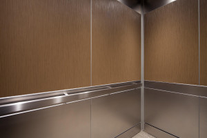 FSRT783 Интерьер лифта Levele-106 с панелями из склеенной бронзы с естественной патиной и рисунком травы, а также из нержавеющей стали с отделкой из морских камней в частном месте, нашвилл, штат Теннесси Forms-surfaces