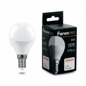Лампа светодиодная Feron.PRO "Шарик" E14 6W 2700K OSRAM LED LB-1406 38065 FERON  00-3956741 Матовый