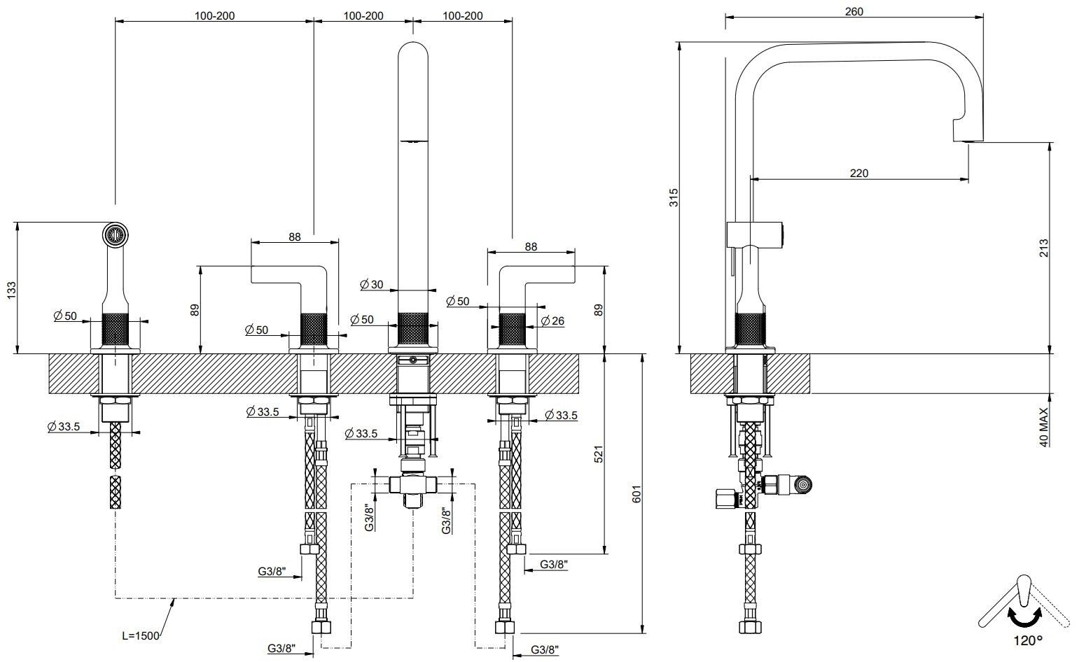 Смеситель для кухни с 3 отверстиями из латуни с ручным душем Gessi гравировка ARCH-00020300