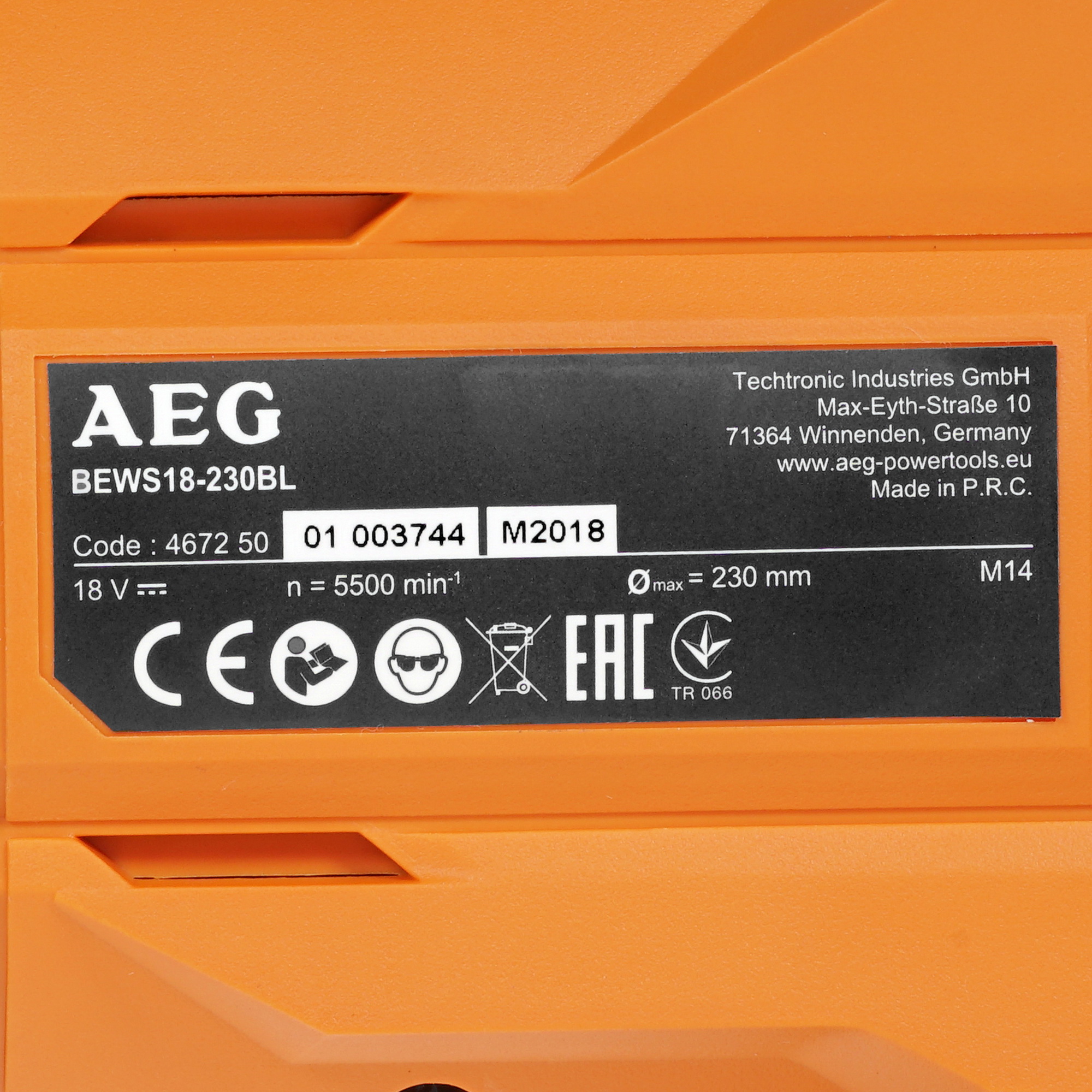 Углошлифовальная машина (УШМ) AEG BEWS18-230BL-0 PRO 18V  , Без ЗУ, Без АКБ 8195415 STDN-0007264 - Вид №4