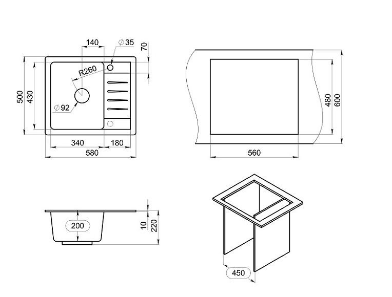 5803, ГРАФИТ, кухонная мойка, СтандАРТ кварц GRANULA Standart 5803-ST44 - Вид №2