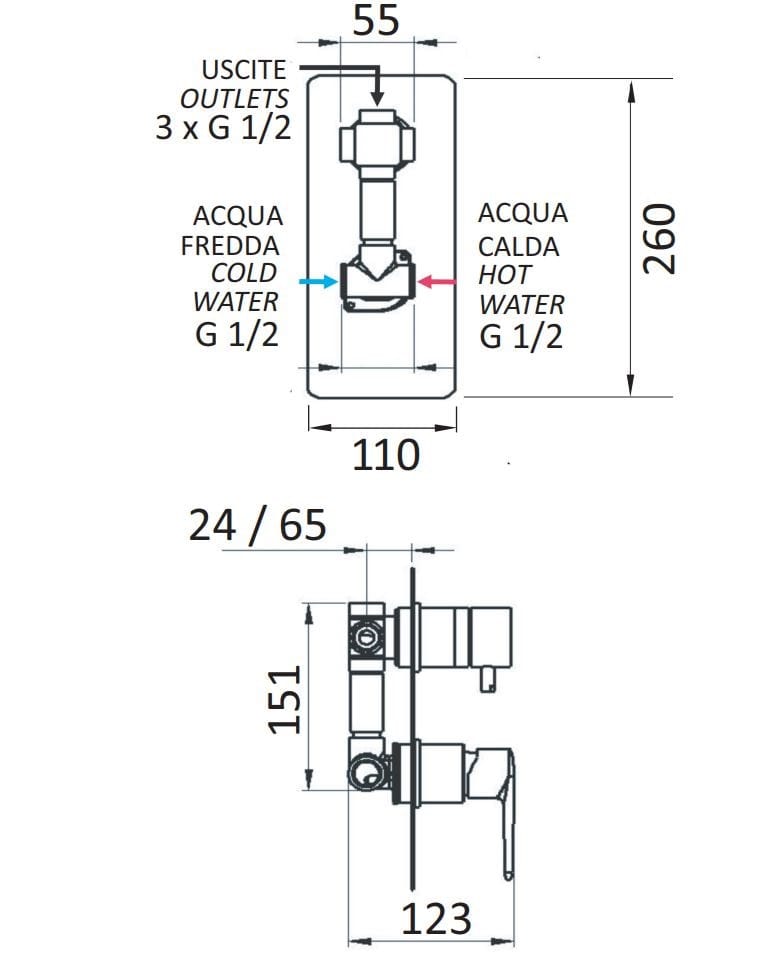 Латунный встраиваемый однорычажный смеситель для душа Rubinetterie Mariani Harmony ARCH-00100264 - Вид №3