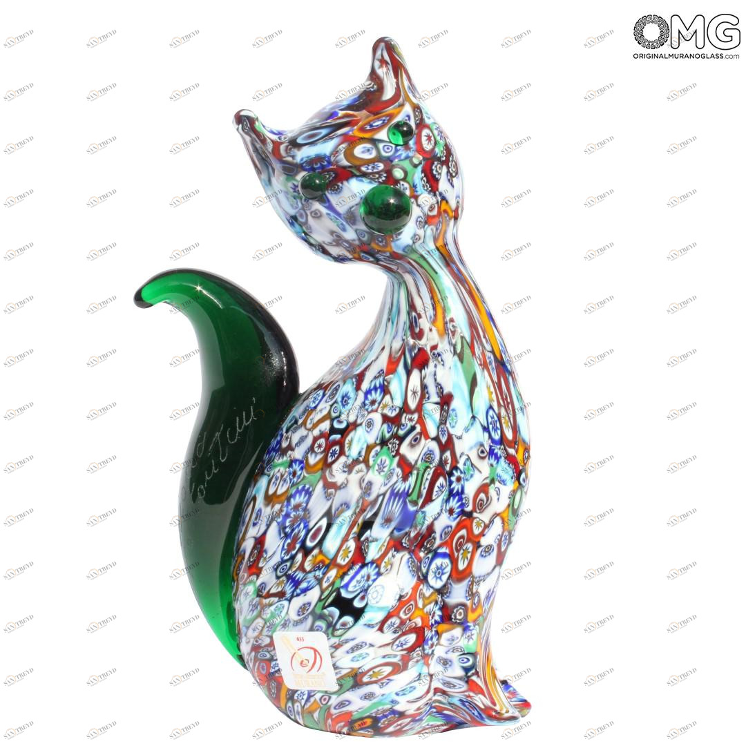 2306 ORIGINALMURANOGLASS Скульптура Зелёный кот миллефиори из муранского стекла 9 см 