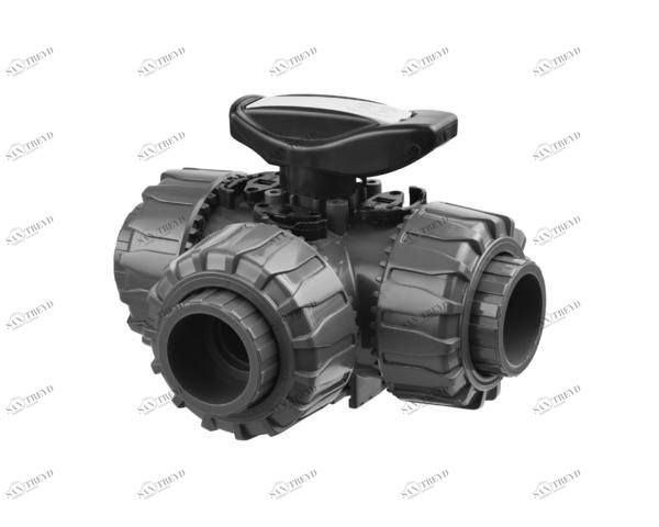 SANIT 72709604050 3-ходовой шаровой кран d 16-63, ТКД DualBlock®, ПВХ-U, L-отверстие, клей рукав 