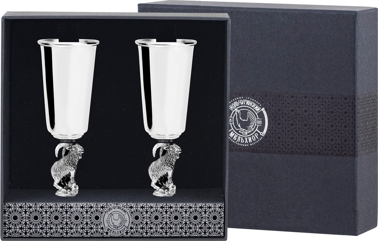 10640274 Аргента (Россия) Набор из 2 рюмок "Архар" посеребренных полиров. с черн.+футляр 000000, -? Серебро 925 
