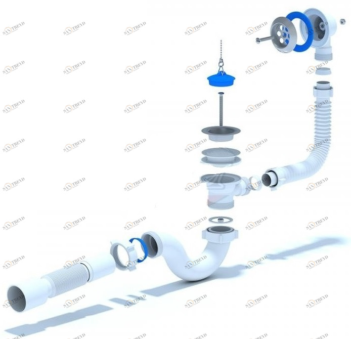Сифон АНИ для ванны с выпуском 1 1/2", с переливом, с гибкой трубой 40 VV E155 АНИ пласт 7187