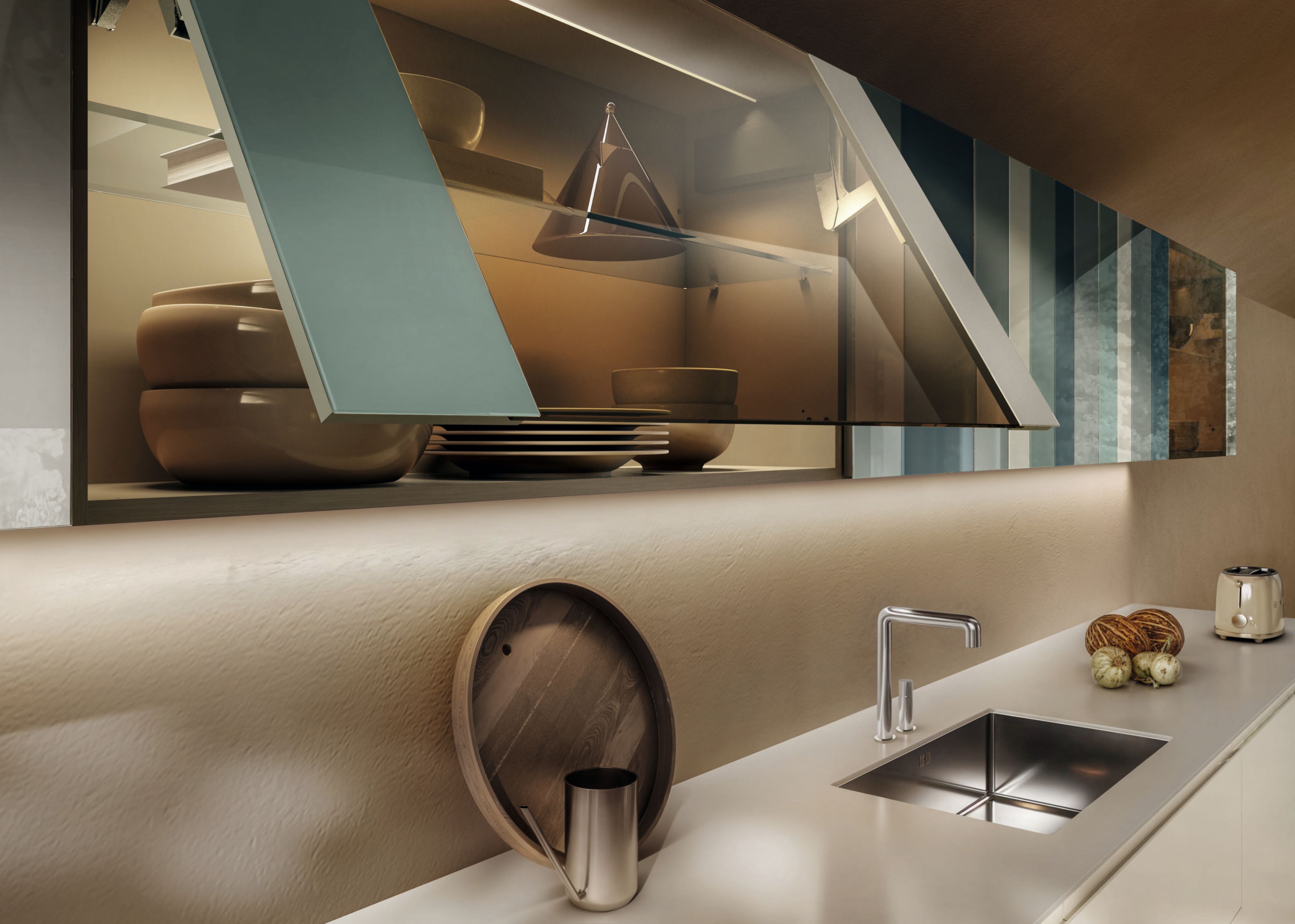 Линейная кухня из дерева и стекла без ручек Lago N. O. W ARCH-00100453 - Вид №3