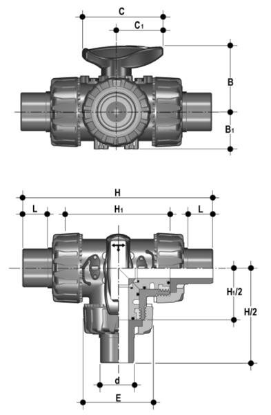 SANIT 195663517 3-ходовой шаровой кран d 20-63, ТКД DualBlock®, РР, Т-отверстие сварки гнезда  - Вид №1