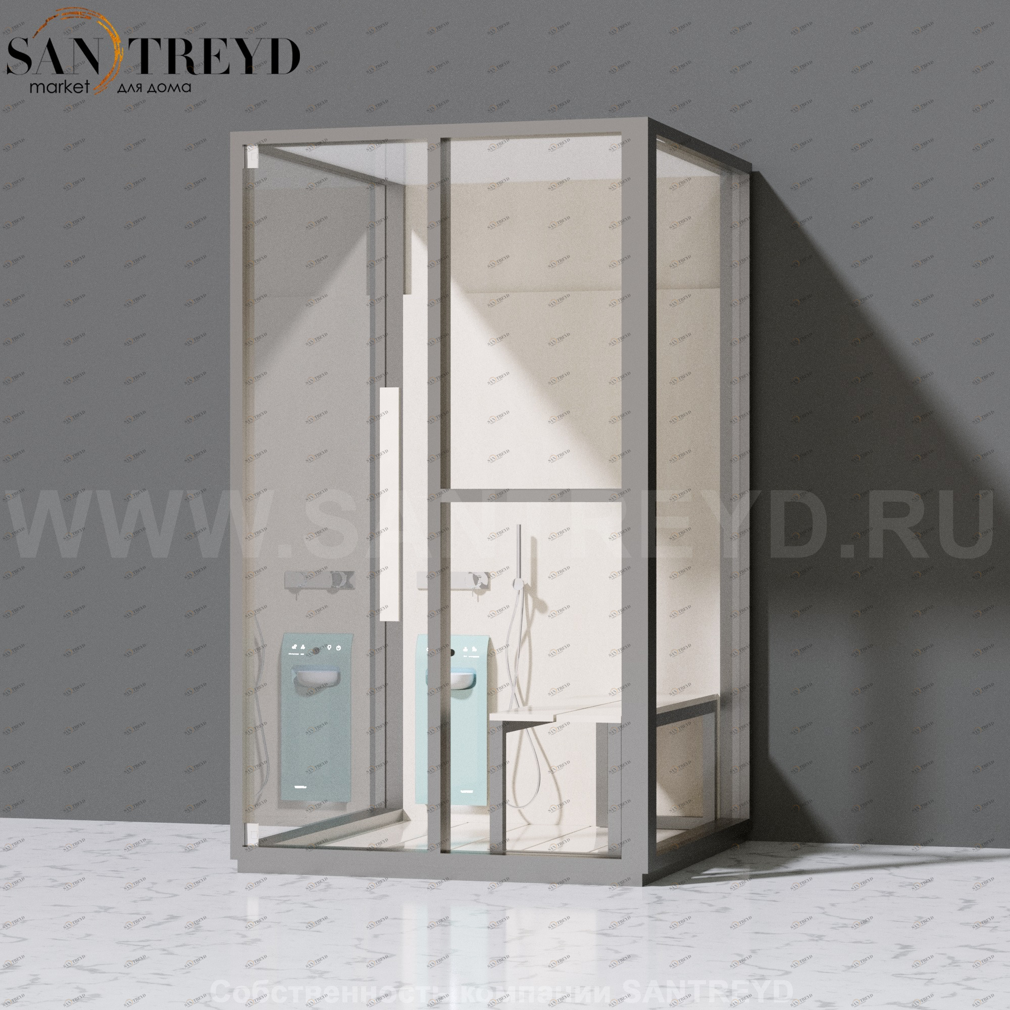 Effegibi H SMALL LO82010001 Комбинированная баня: хаммам и душ. Установка: к стене. Правая дверь. Мощность: 3 кВт макс. Размеры: длина 131 см, ширина 92 см. Отделка: матовый лакированный серый аллюминий и бежевый ламинат из керамогранита.