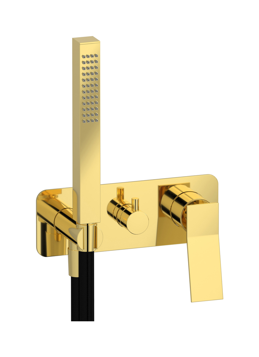 Внешние части встроенного в стену смесителя на 2 потребителя в комплекте с душевым гарнитуром. WE ARE IB wa202mb Gold Wave