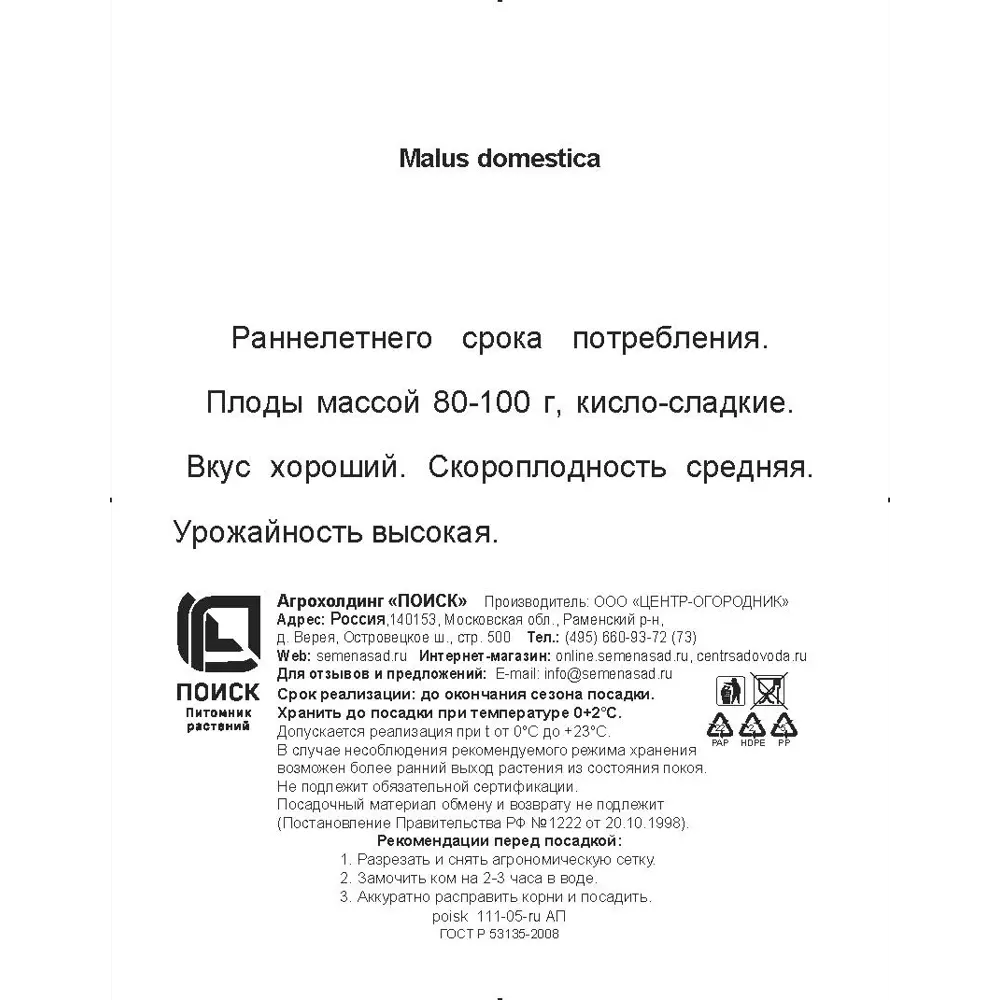 Яблоня Папировка h200 см Поиск Инвест 84399343 STLM-2183583 Santreyd  - Вид №2