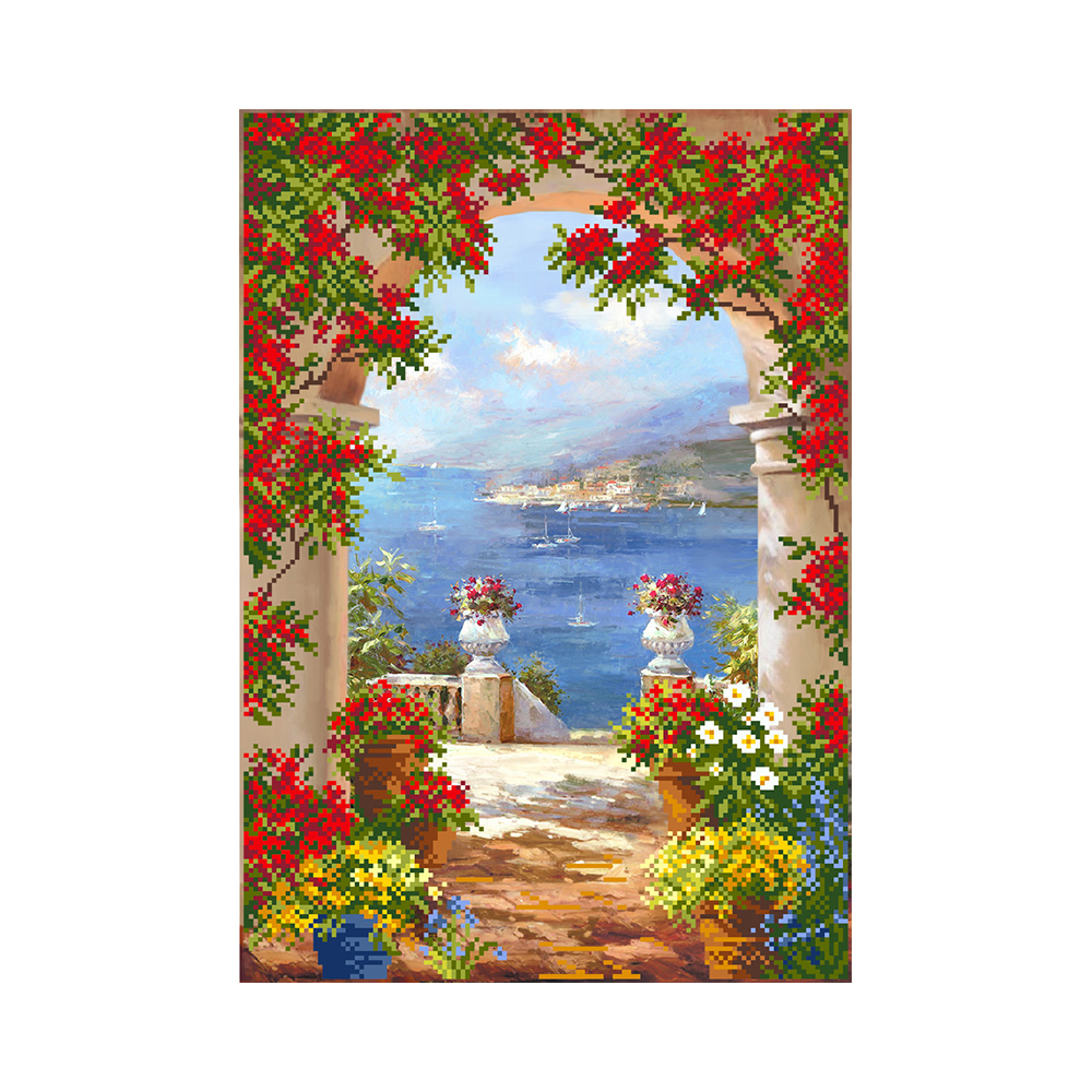 4156 Канва/ткань с рисунком Рисунок на шелке 37 см х 49 см "Цветы средиземноморья" Матренин посад 