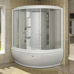 Душевой бокс "КАЛИФОРНИЯ" с крышей типа "сендвич", чаша ванны, рама-подставка, слив-перелив полуавтоматический, фронтальная панель, боковые стенки, центральная стенка, крыша, стеклянные шторки (матовые), вертикальный душ "Тропический дождь", смеситель, из