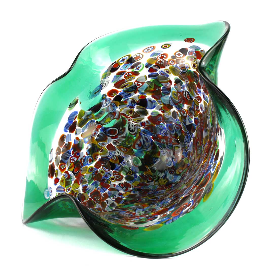4234 ORIGINALMURANOGLASS Декоративная чаша Капли Муррины - зелёная с серебром - муранское стекло OMG 26 см  - Вид №1