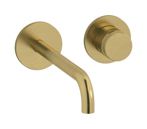 Встроенный в стену смеситель для раковины на 2 отверстия с длинным изливом в комплекте с донным клапаном WE ARE IB rx407on Natural Brass Reflex