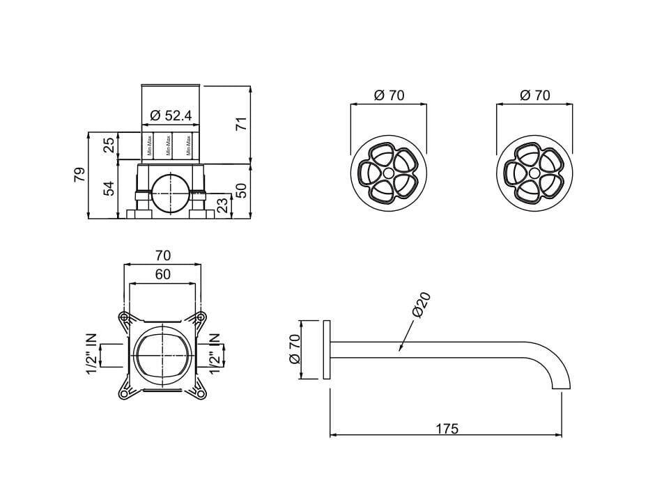 Латунный настенный смеситель для раковины с 3 отверстиями QD Magistro Lab Flora ARCH-00024245 - Вид №2