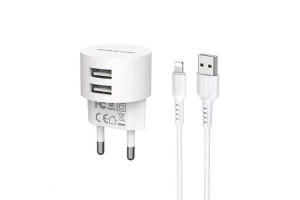 17249118 Сетевое ЗУ 2хUSB-А, 2.4А + кабель AM-8pin Lightning 1 м, белый, 23752-BA23AWI Borofone