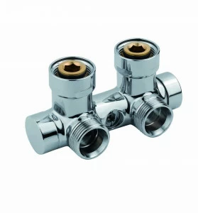 Carlo Poletti V48310J Клапан двухтрубный с держателями. Версия угловая с подключением медной или пластиковой трубы. Межосевое расстояние 50 мм.