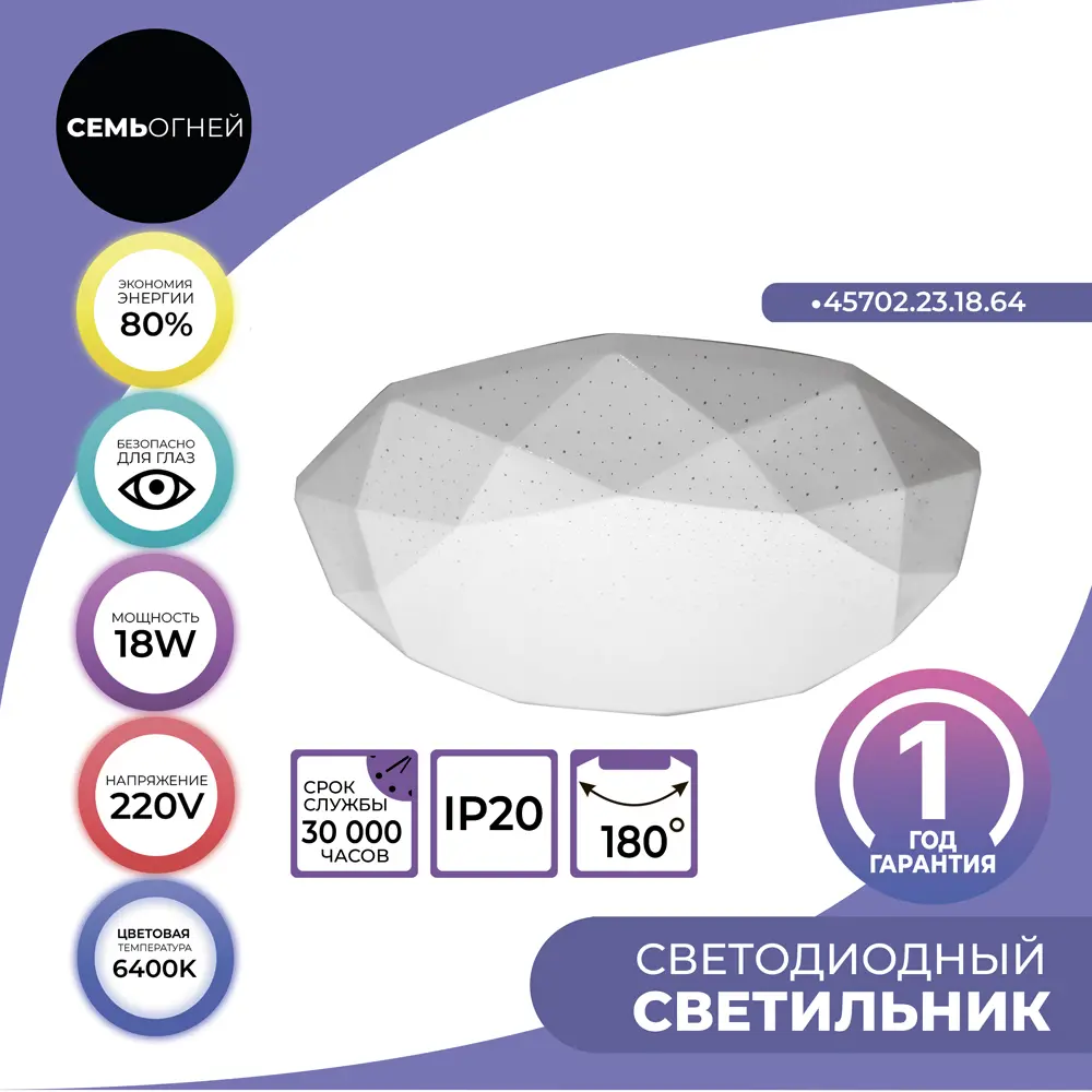 Светильник настенно-потолочный светодиодный Эйри, 12 м², 24 Вт, холодный белый свет, цвет белый матовый СЕМЬ ОГНЕЙ STLM-2159405 - Вид №3