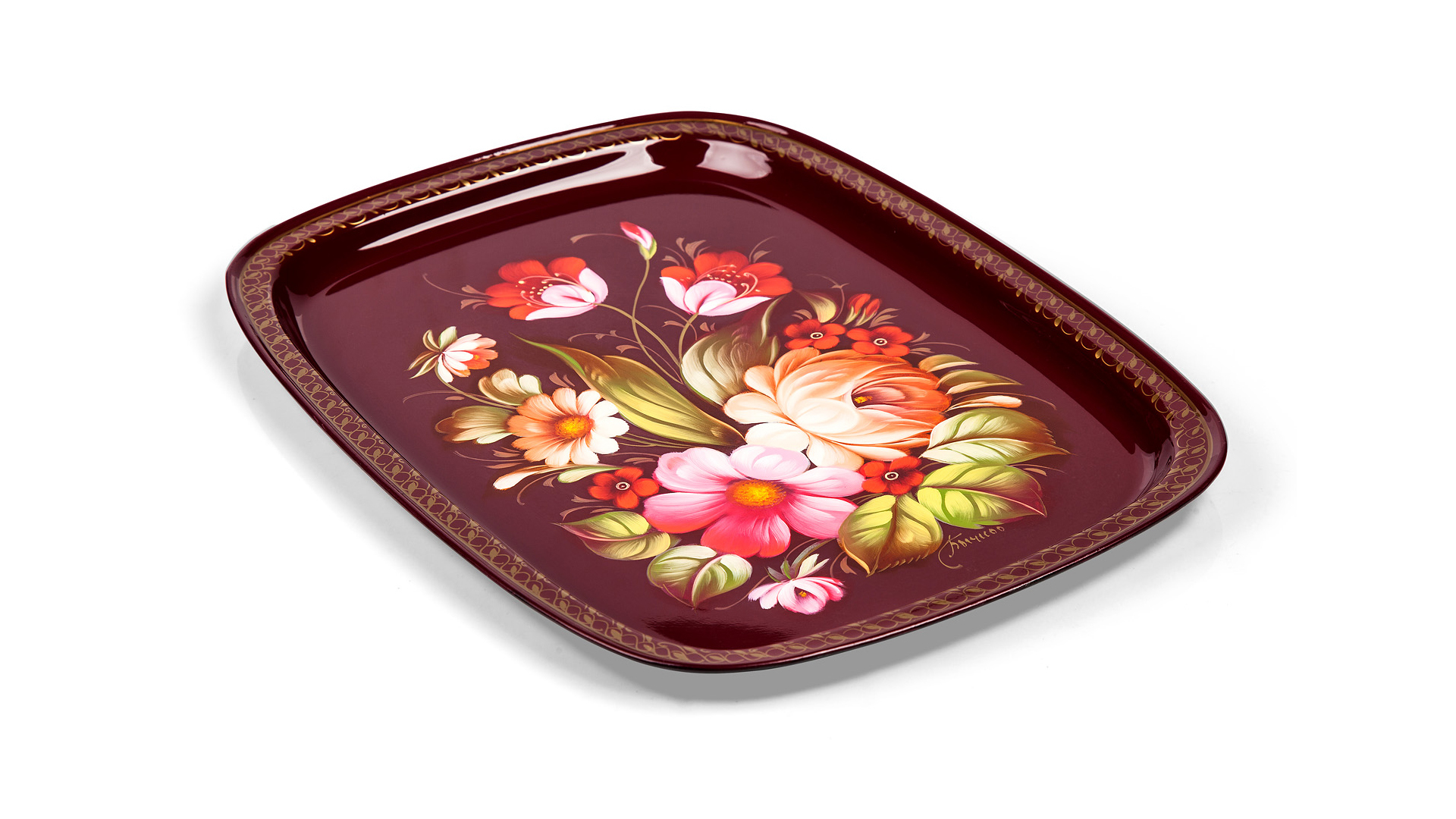 10618042 Жостовская фабрика декоративной росписи Поднос 33х24см НХПР "Цветы" Сталь  - Вид №1